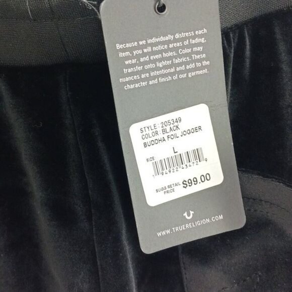 True Religion Womens L Black Velour Jogger Pants Gold Logo Drawstring Waist - Picture 5 of 6
